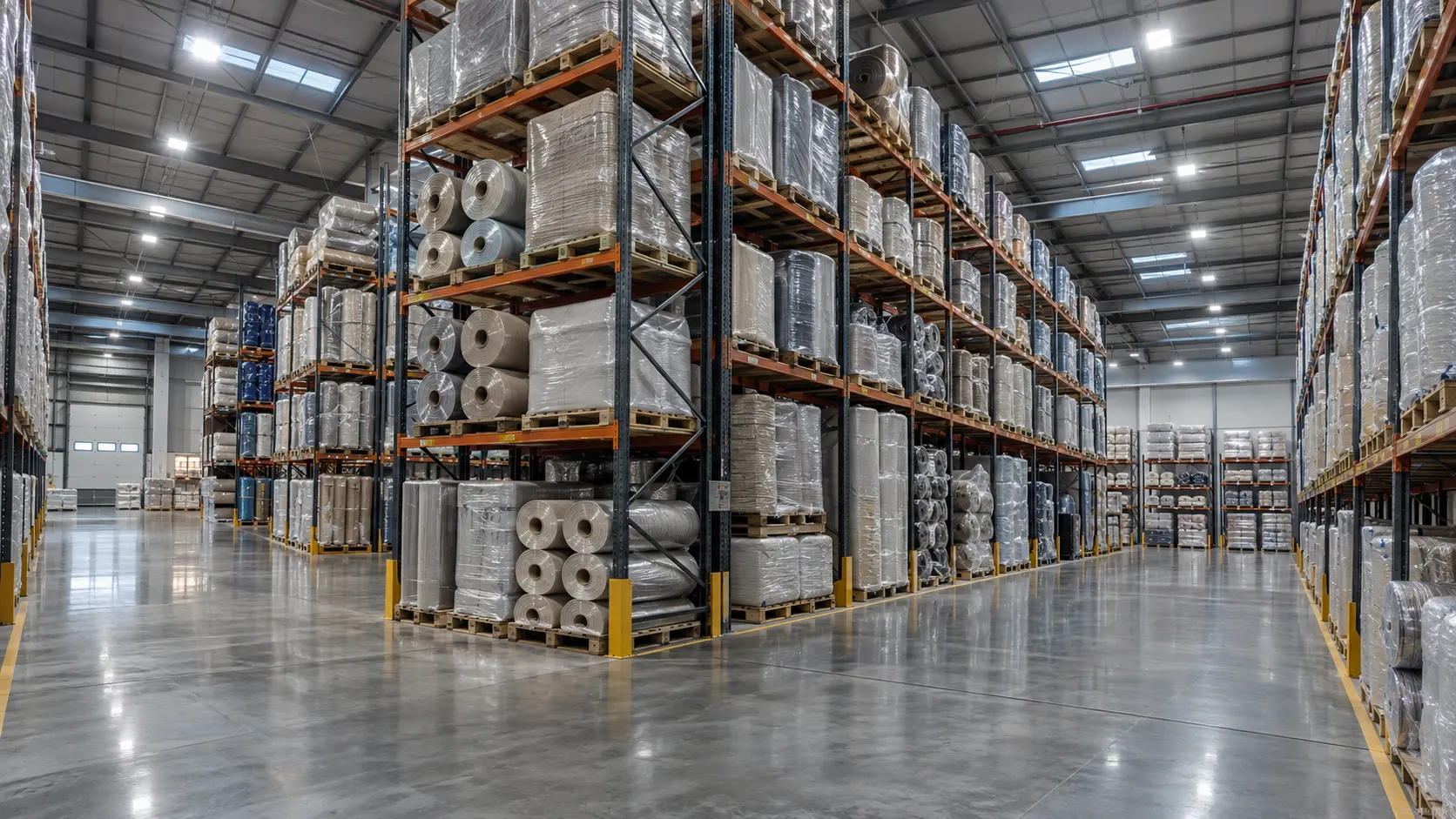 Warehouse interior with tall pallet racks holding wrapped rolls of flooring and fabric — AI concept image