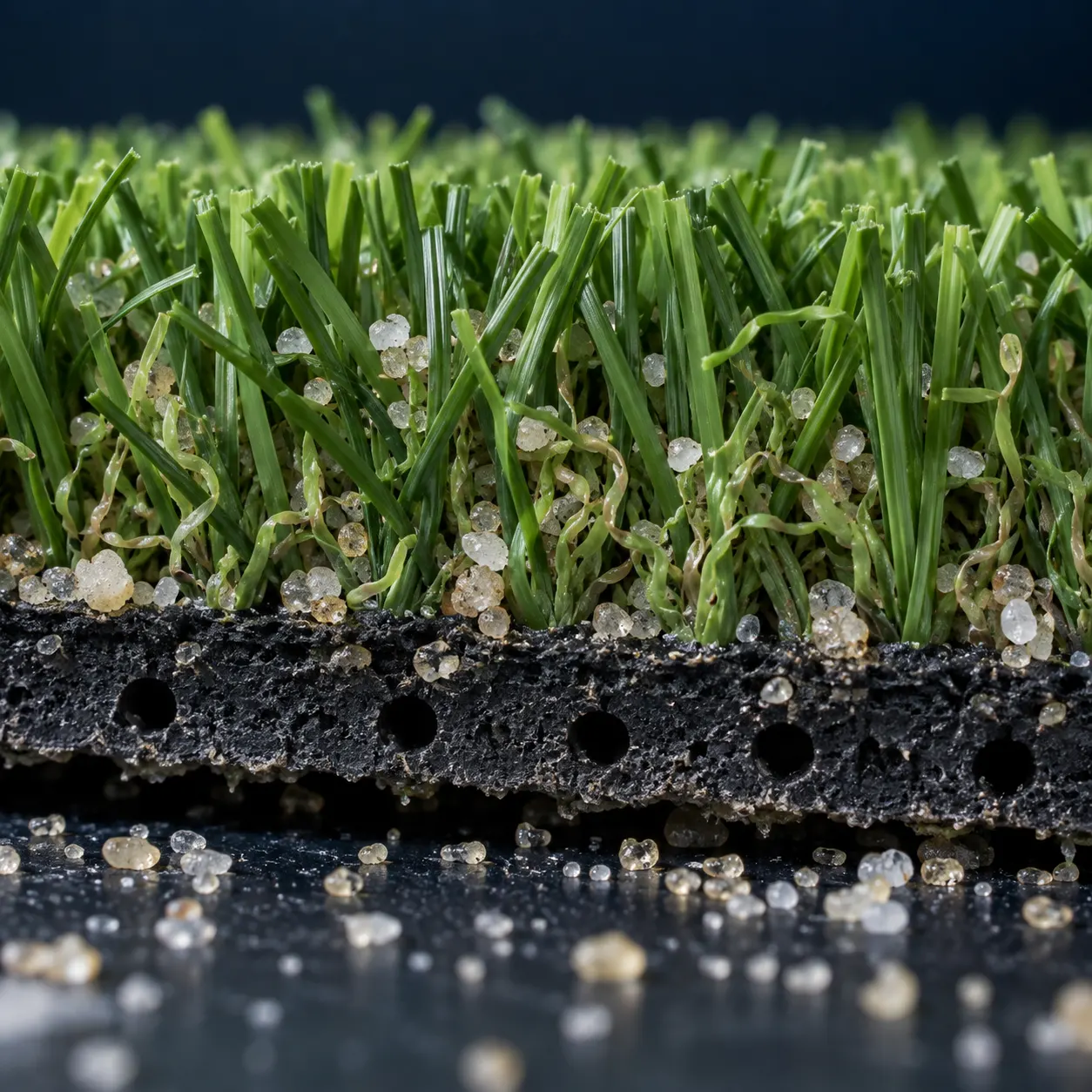 Cross-section of artificial turf: green fibres, latex backing and sand infill — AI concept image