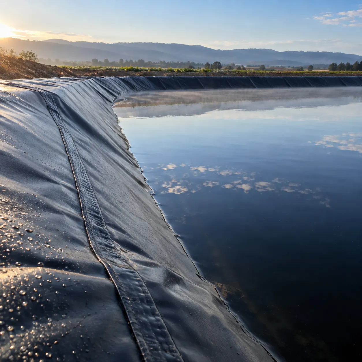 Edge of a geomembrane-lined agricultural pond with a welded seam and sky reflection — AI concept image